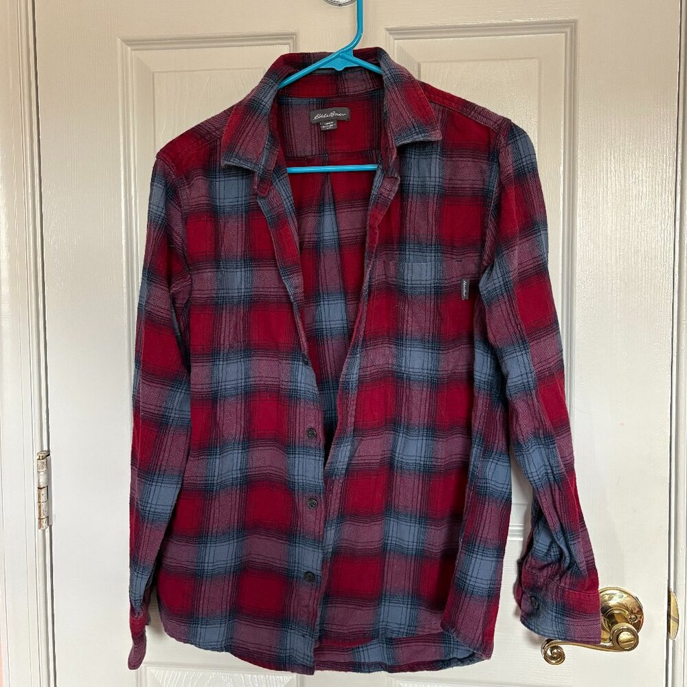 Eddie Bauer Flannel Shirt Red Blue Plaid Button Up | Size Small